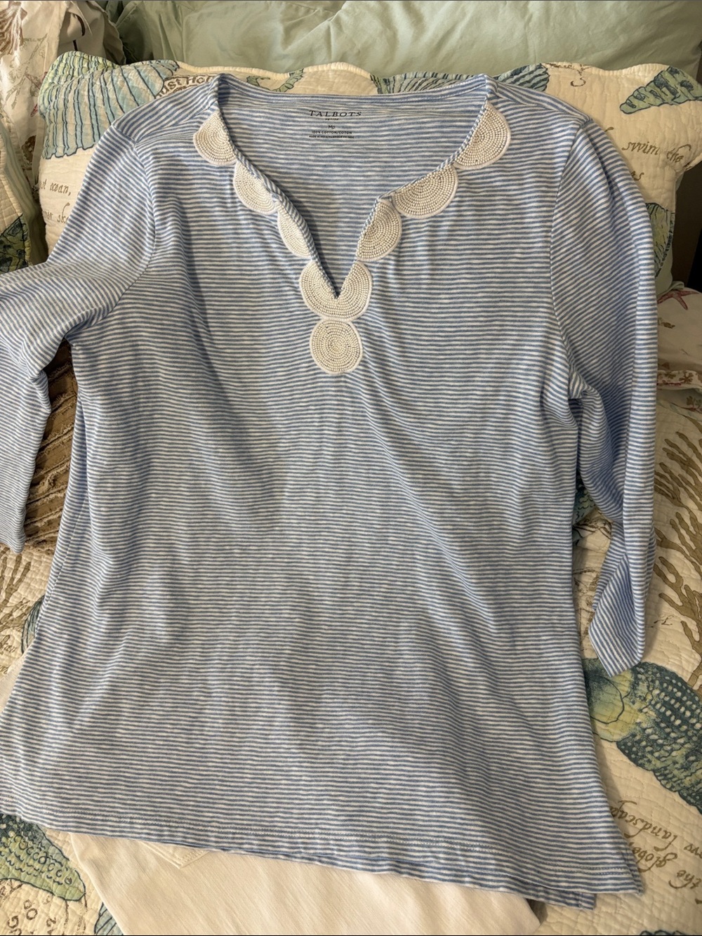 Talbots Light Blue & White Striped Embroidered V‑Neck Tunic
